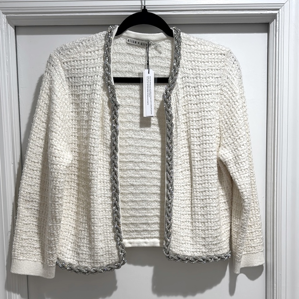 Alice + Olivia Akira White cardigan with Silver rhinestones